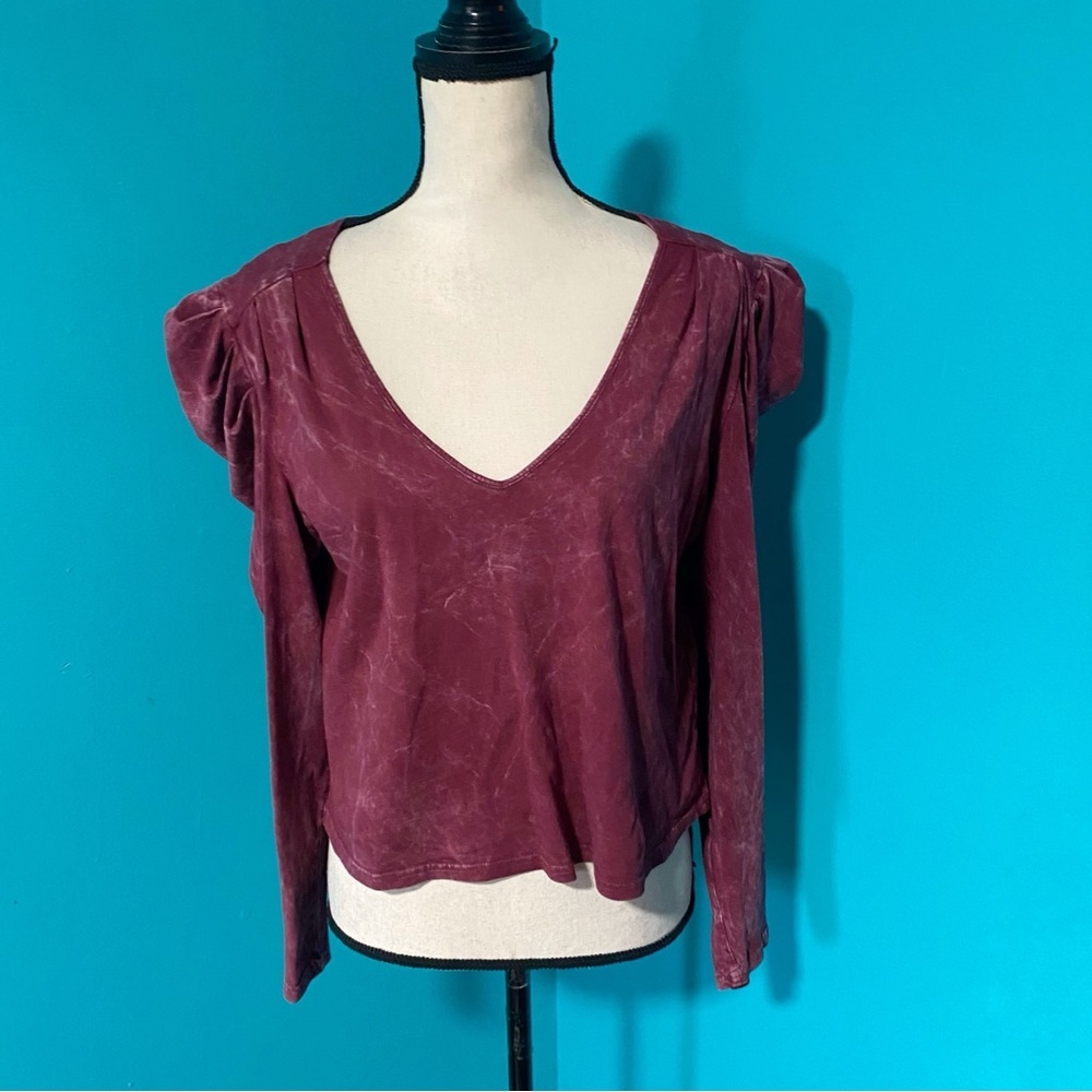 7 For All Mankind 7FAM M Maroon Puff Sleeve Cropped Top Cotton